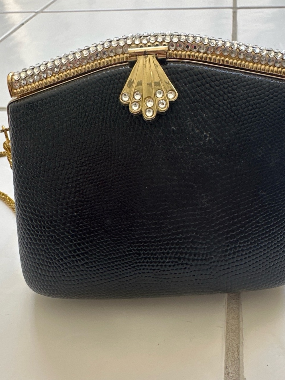 Elegant Black Textured Evening Clutch with Gold Accents